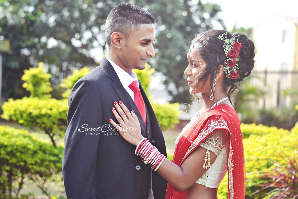 Prevern and lushal's engagement, beautiful bride, red, white and gold lehenga, hair updo, sweetcr8ivity, negagement photography, durban photographers, rb chetty hall, gold ganesha, lamp, couples engagement photography