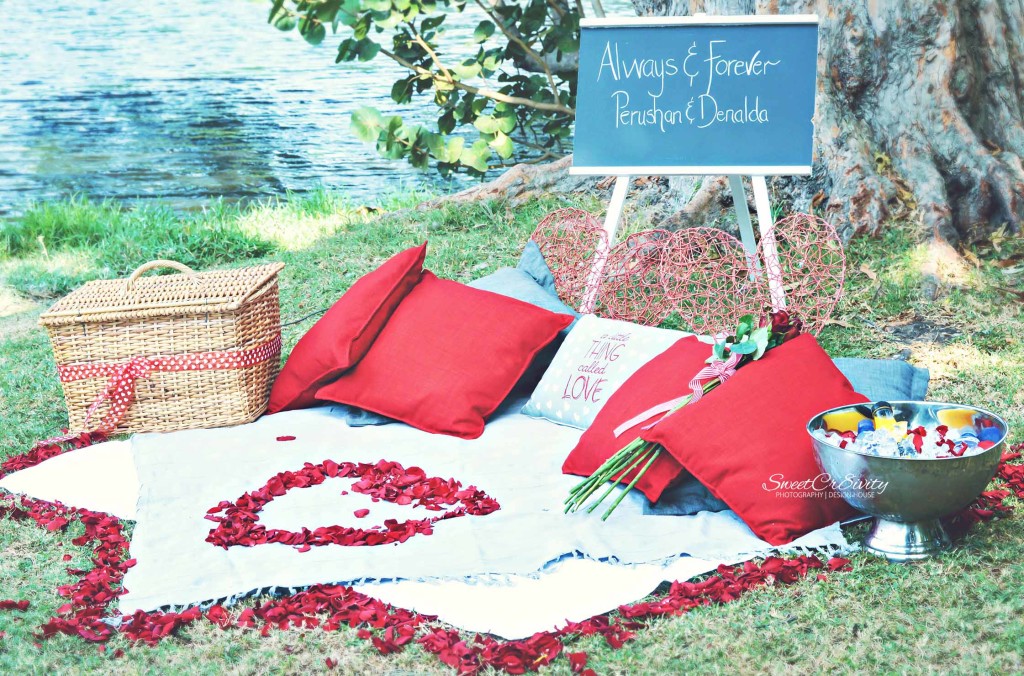 always and forever, dial a picnic, romantic proposal, durban botanical gardens, durban photography, sweetcr8ivity, couples photography, rose petals, diamond ring, chalkboard sign