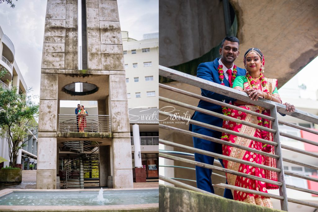 south indian wedding, best durban wedding photographers, sweetcr8ivity, elaine and aveen lutchman, umngeni road temple, intimate moments, creativity, colors, indian, happiness, love, creative shoot, red sari, dapper suit, navy blue,beauty,sunlight,perspective,groom,bride,view from the top